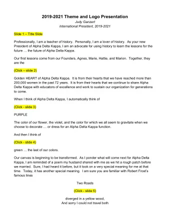 2019-2021 Theme and Logo Presentation  Judy Ganzert  International President, 2019-2021  Slide 1