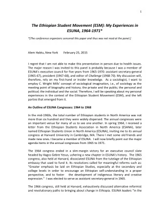 The Ethiopian Student Movement (ESM): My Experiences in ESUNA, 1964-1971 *  *[The conference