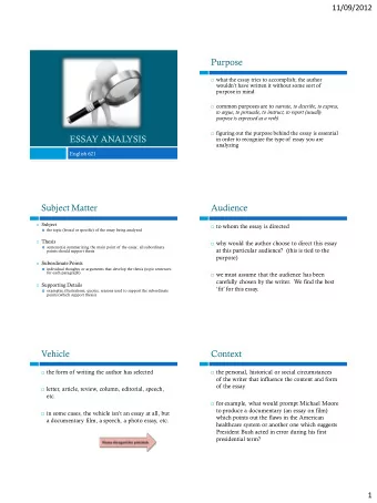 Purpose  what the essay tries to accomplish; the author  wouldnt have written it without some