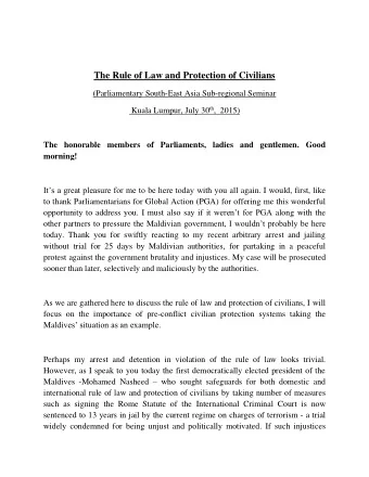 The Rule of Law and Protection of Civilians  (Parliamentary South-East Asia Sub-regional Seminar
