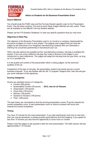 Advice to Students for the Business Presentation Event  Source Material  You should study the FSAE