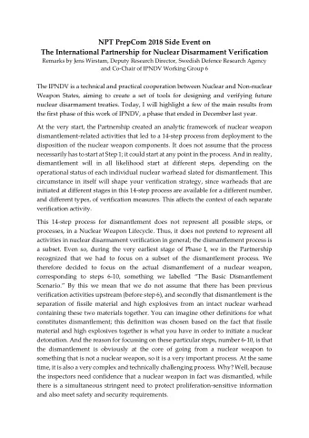 NPT PrepCom 2018 Side Event on  The International Partnership for Nuclear Disarmament Verification