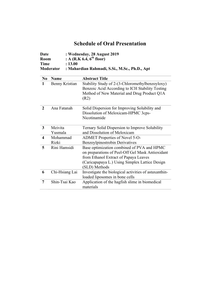 schedule of oral presentation