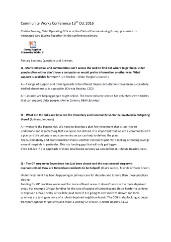 Community Works Conference 13 th Oct 2016  Christa Beesley, Chief Operating Officer at the Clinical