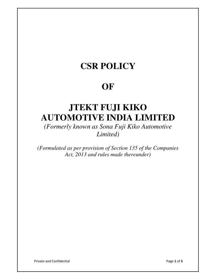 csr policy of jtekt fuji kiko automotive india limited