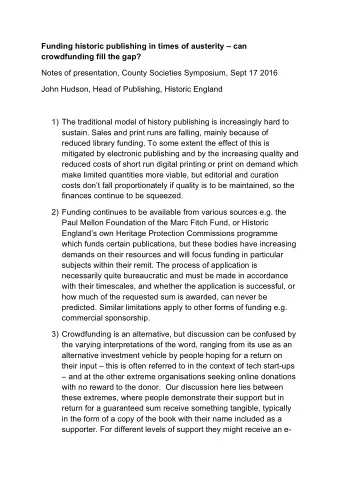 Funding historic publishing in times of austerity  can  crowdfunding fill the gap?  Notes of