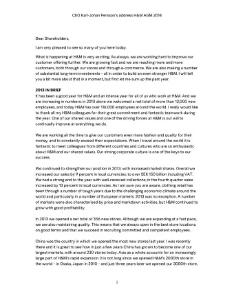 CEO Karl-Johan Perssons address H&amp;M AGM 2014  Dear Shareholders,  I am very pleased to see
