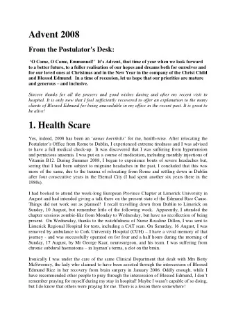 Advent 2008  From the Postulator's Desk: O Come, O Come, Emmanuel! Its Advent, that time