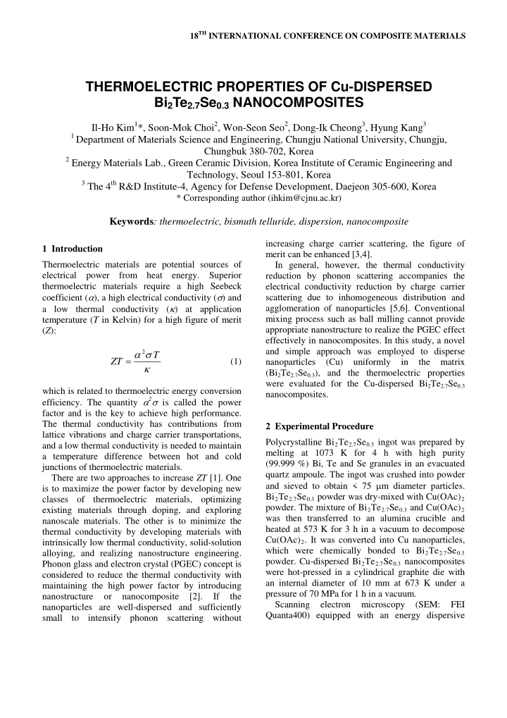 thermoelectric properties of cu dispersed bi 2 te 2 7 se