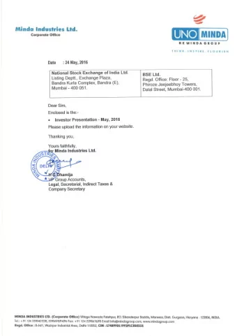 MINDA INDUSTRIES LTD  INSPIRED BY MOBILITY  DRIVEN BY TECHNOLOGY Investor Presentation  May 2016