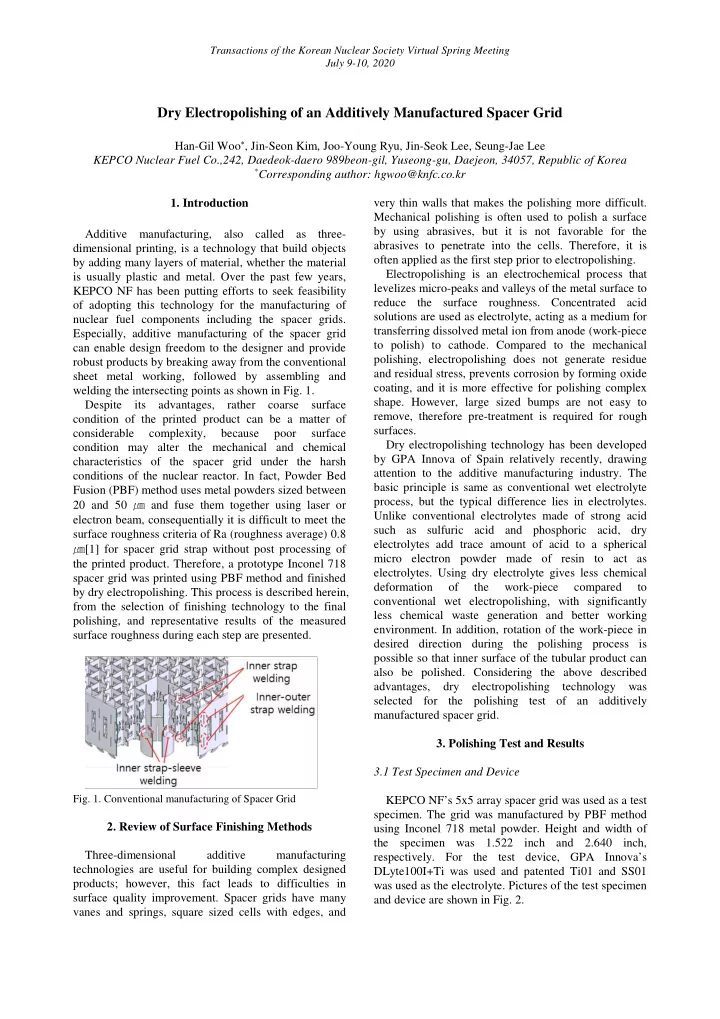 dry electropolishing of an additively manufactured spacer