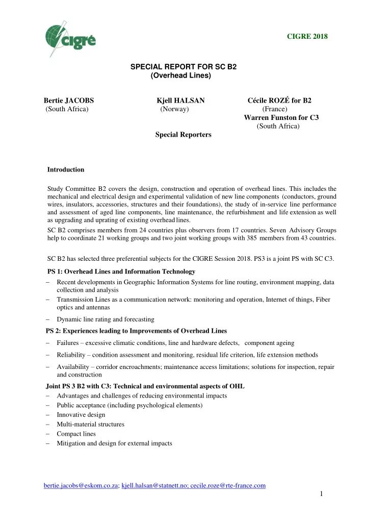 special report for sc b2 overhead lines bertie jacobs