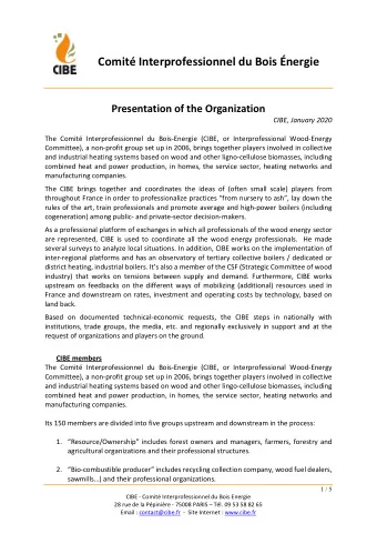 Comit Interprofessionnel du Bois nergie  Presentation of the Organization CIBE, January 2020