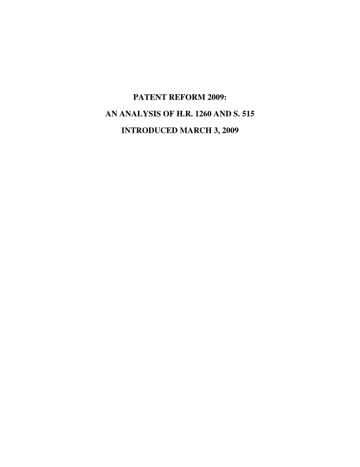 patent reform 2009 an analysis of h r 1260 and s 515