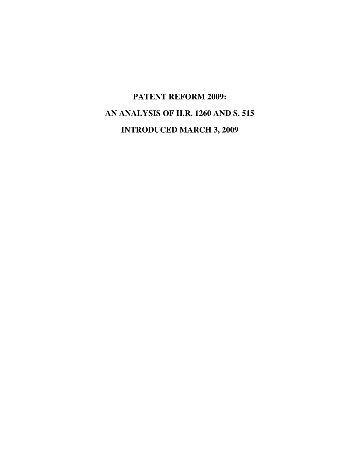 patent reform 2009 an analysis of h r 1260 and s 515