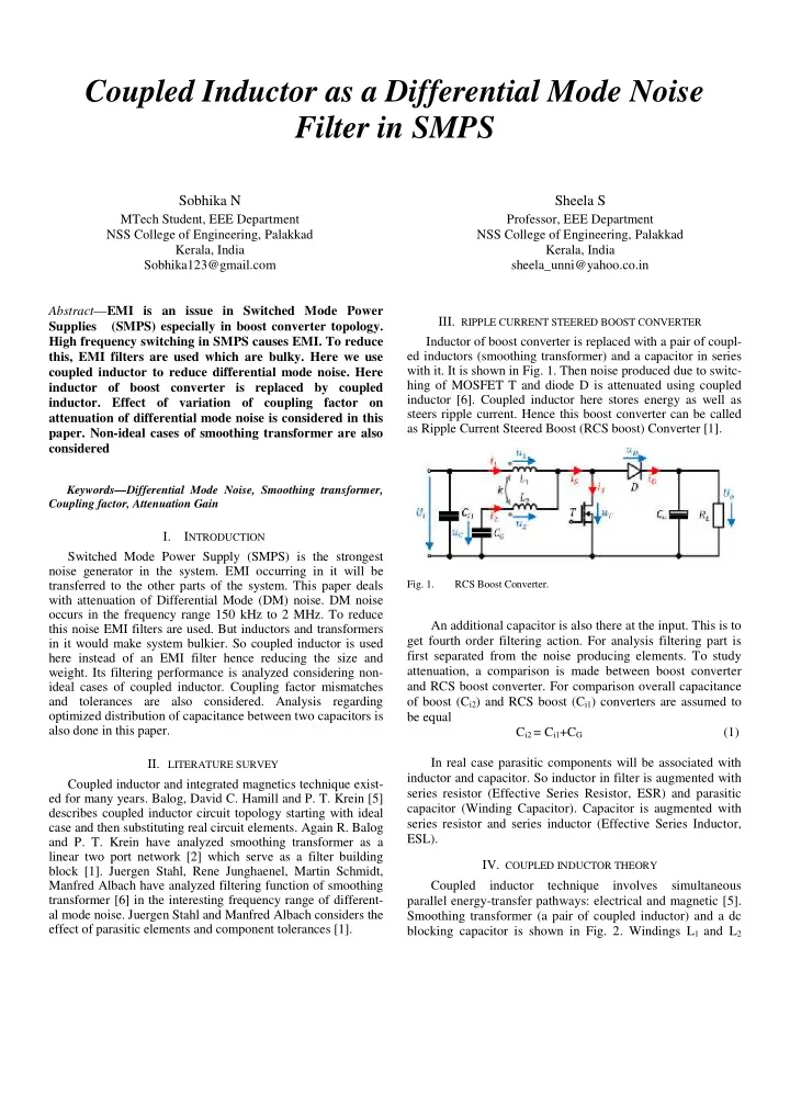 coupled inductor as a differential mode noise filter in