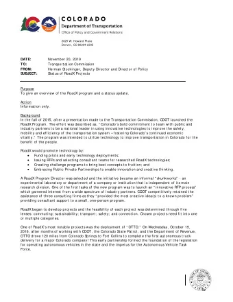 Status of RoadX Proj ects SUBJECT:  Purpose  To give an overview of the RoadX program and a status