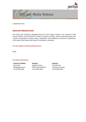 +61 8 6330 1000  +61 8 6330 1000 +61 8 6330 1000  June 2011 Half-Year Financial Result  Disclaimer