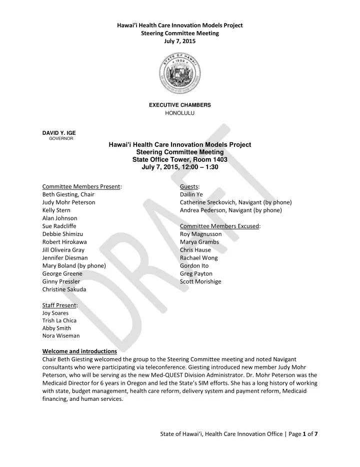 hawai i health care innovation models project steering