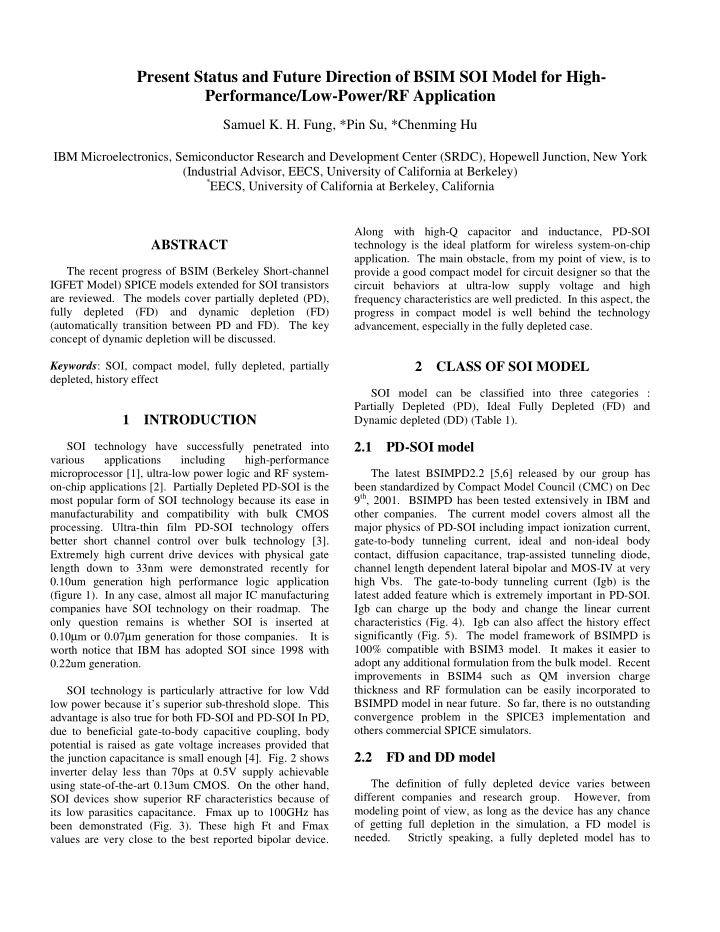 present status and future direction of bsim soi model for