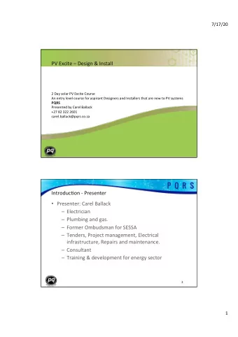 PV Excite  Design &amp; Install  2 Day solar PV Excite Course  An entry level course for