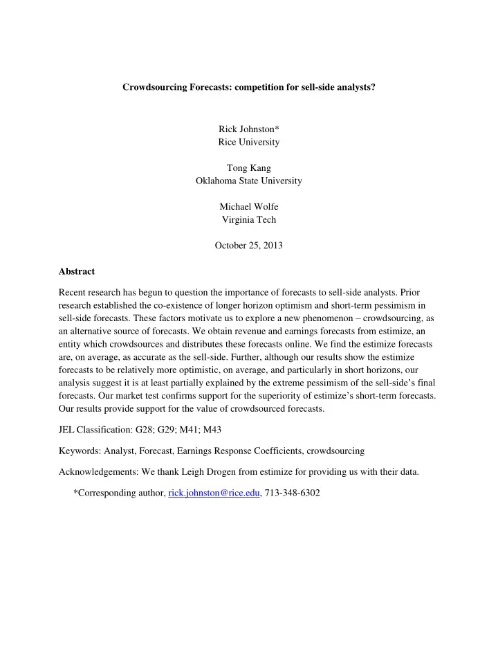crowdsourcing forecasts competition for sell side