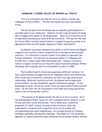 HOMMAGE A PIERRE-GILLES DE GENNES par PINCUS  This is an extremely sad time for all of us, family,