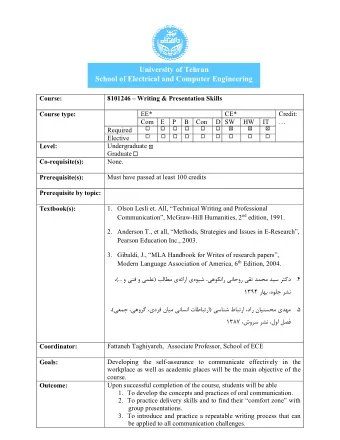 University of Tehran  School of Electrical and Computer Engineering  Course:  8101246  Writing