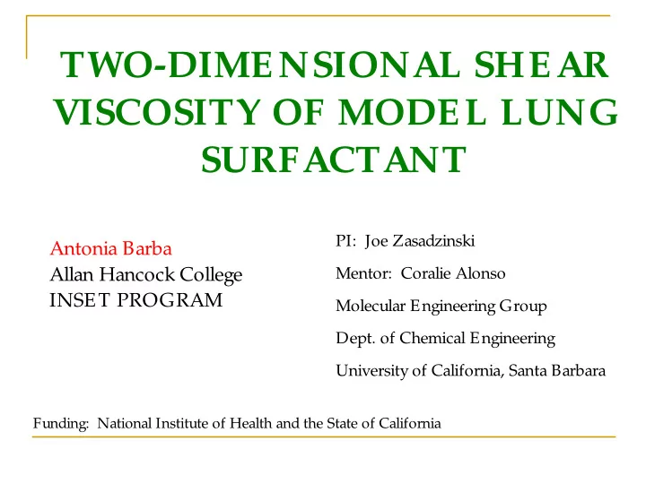 two dimensional shear viscosity of model lung surfactant