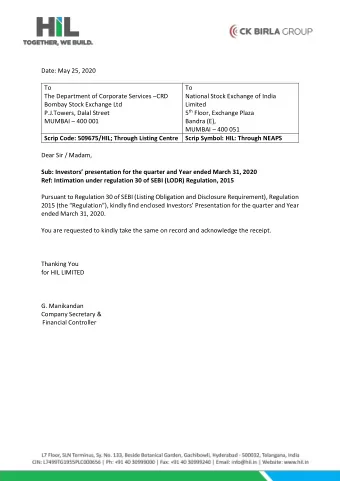 Date: May 25, 2020  To  To The Department of Corporate Services  CRD  National Stock Exchange of