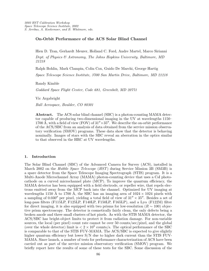 on orbit performance of the acs solar blind channel