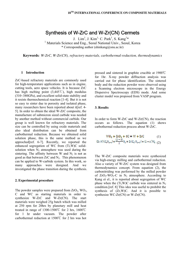 synthesis of w zrc and w zr cn cermets