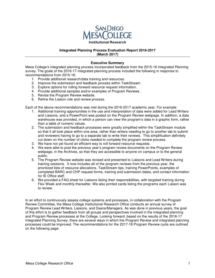 institutional research integrated planning process