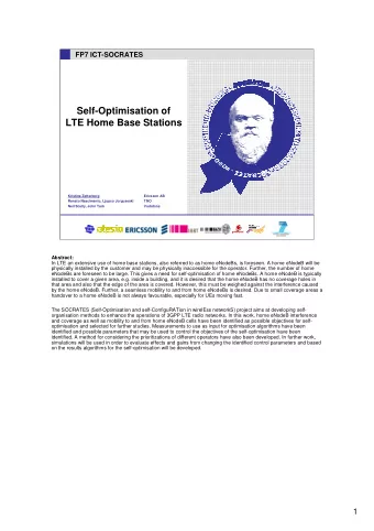 Self-Optimisation of  LTE Home Base Stations  Kristina Zetterberg  Ericsson AB  Renato Nascimento,