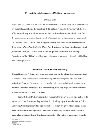 1 st Circuit Permits Recoupment of Medicare Overpayments  David A. Beck  The Bankruptcy Code's
