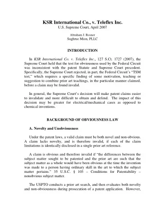 KSR International Co., v. Teleflex Inc.  U.S. Supreme Court, April 2007  Abraham J. Rosner  Sughrue