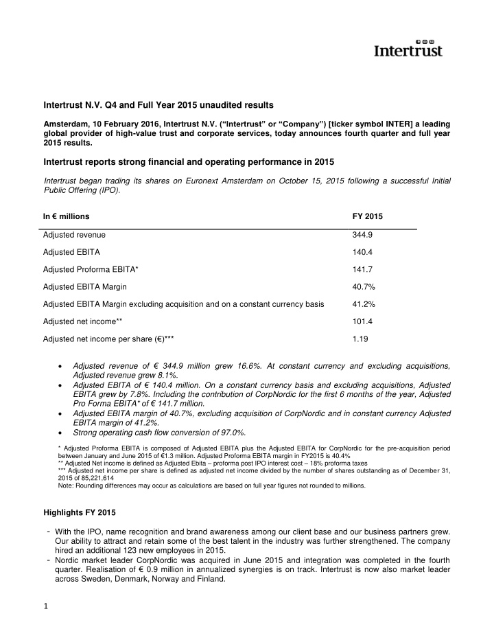 intertrust n v q4 and full year 2015 unaudited results