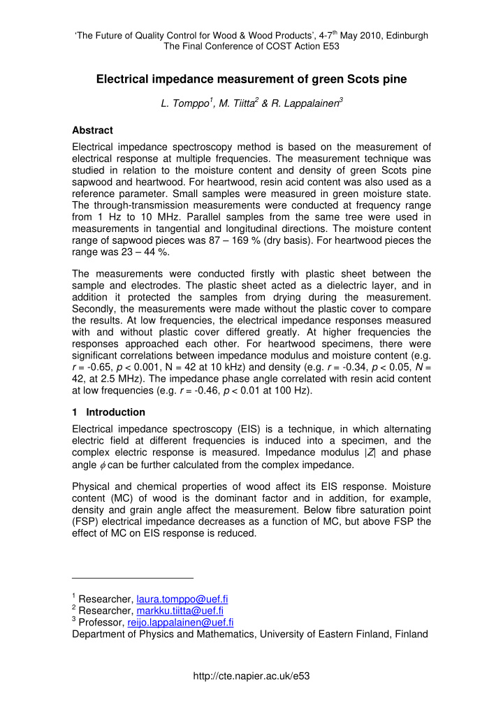 electrical impedance measurement of green scots pine