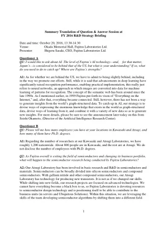 Summary Translation of Question &amp; Answer Session at FY 2016 R&amp;D Strategy Briefing Date and