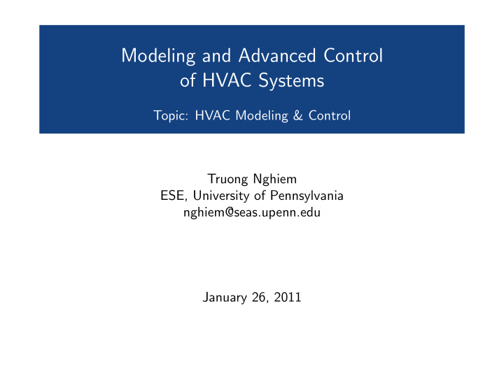 modeling and advanced control of hvac systems