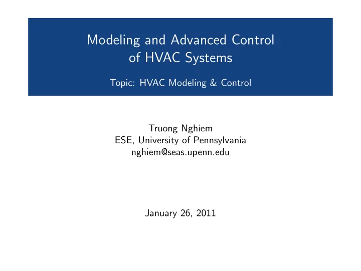 modeling and advanced control of hvac systems