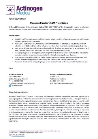 Managing Directors AGM Presentation Sydney, 25 November 2019.  Actinogen Medical ASX: ACW