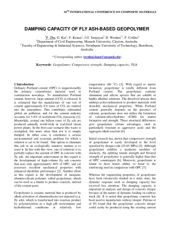 DAMPING CAPACITY OF FLY ASH-BASED GEOPOLYMER 1 P. Zhu, G. Kai 1 , F. Kenan 1 , J.G. Sanjayan 2 , D.