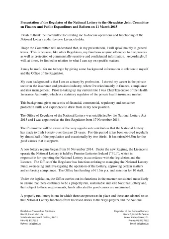 Presentation of the Regulator of the National Lottery to the Oireachtas Joint Committee  on Finance