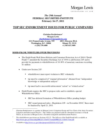 TOP SEC ENFORCEMENT ISSUES FOR PUBLIC COMPANIES Christian Bartholomew 1  Morgan Lewis