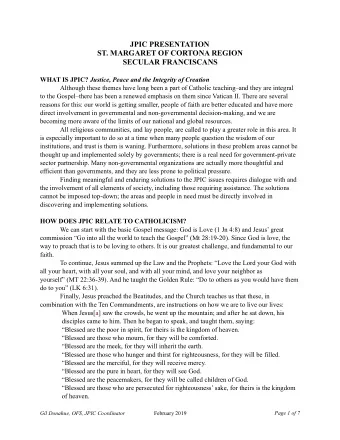 JPIC PRESENTATION  ST. MARGARET OF CORTONA REGION  SECULAR FRANCISCANS WHAT IS JPIC? Justice, Peace