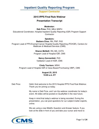 Inpatient Quality Reporting Program  Support Contractor  2015 IPPS Final Rule Webinar Presentation