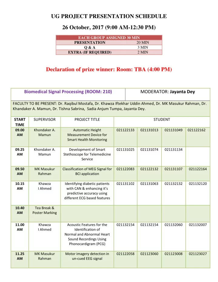 ug project presentation schedule 26 october 2017 9 00 am