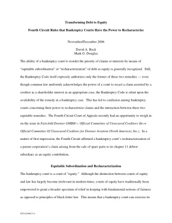 Transforming Debt to Equity Fourth Circuit Rules that Bankruptcy Courts Have the Power to