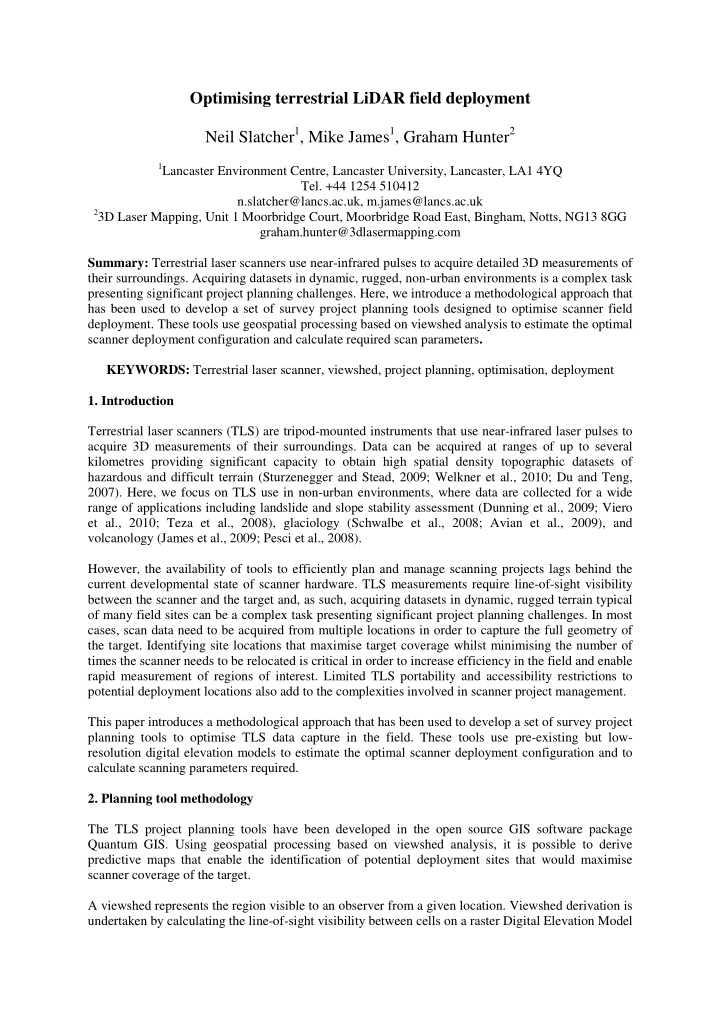 optimising terrestrial lidar field deployment